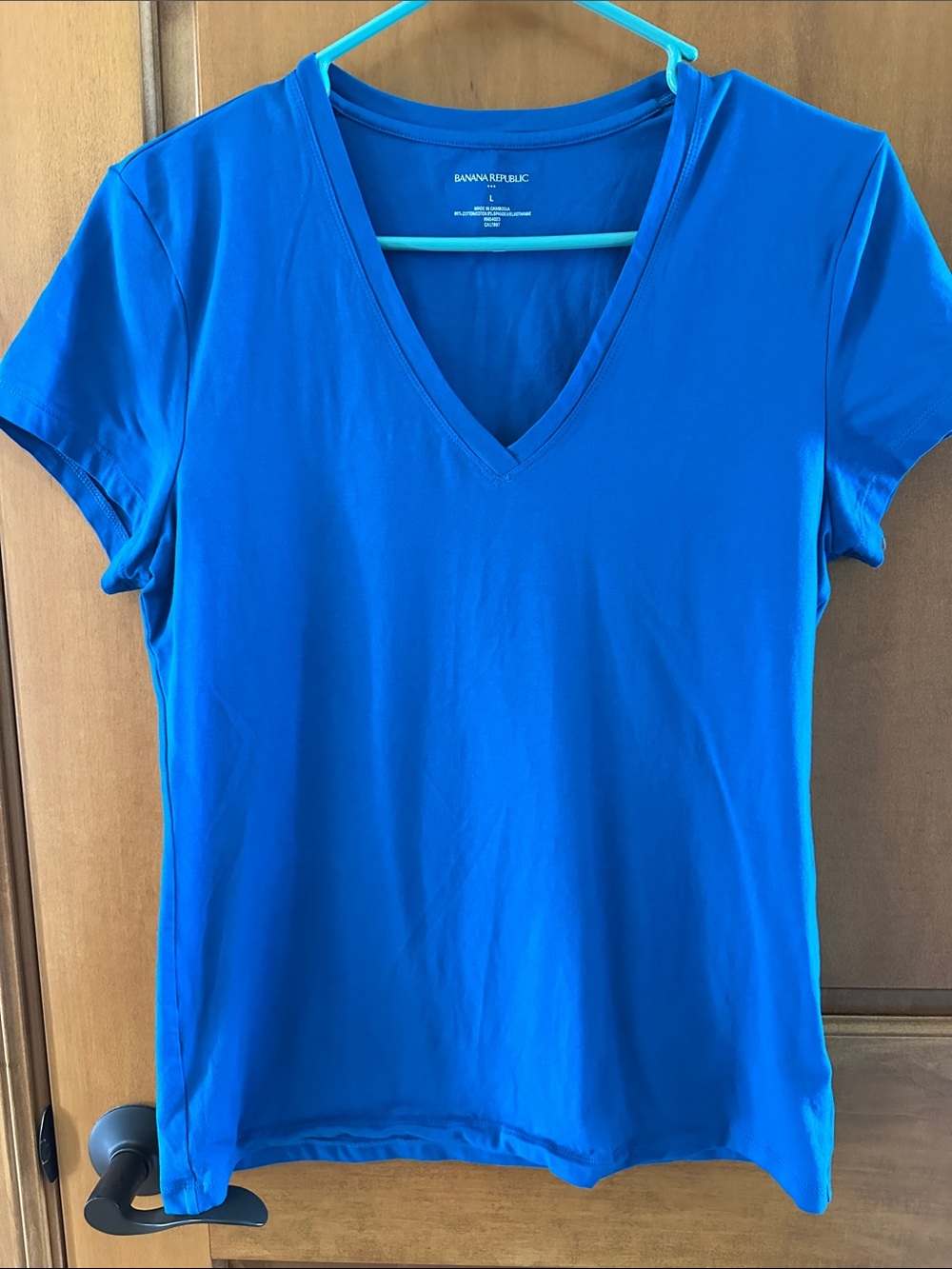 Banana Republic Cobalt Teal Blue Stretch V-Neck Short Sleeve Tee Top L 💙